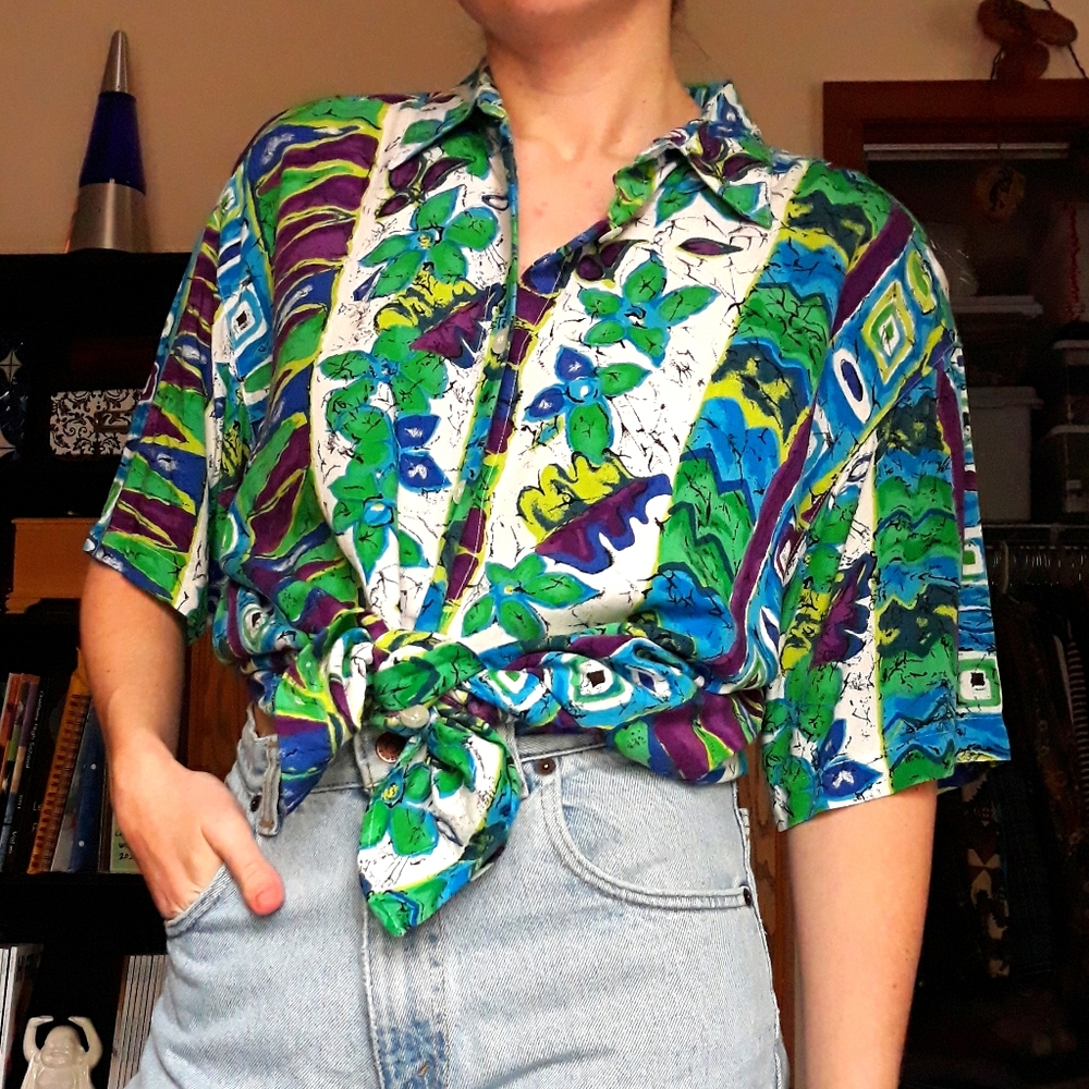 80s CC Hughes Funky Green Floral Button-Up Shirt Blouse Size L Vacation Summer